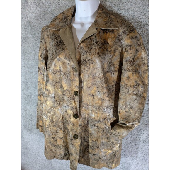 Chico’s Size 0/S/4 Reversible Tan Suede Metallic Snakeskin Leather Jacket Coat - Picture 2 of 10